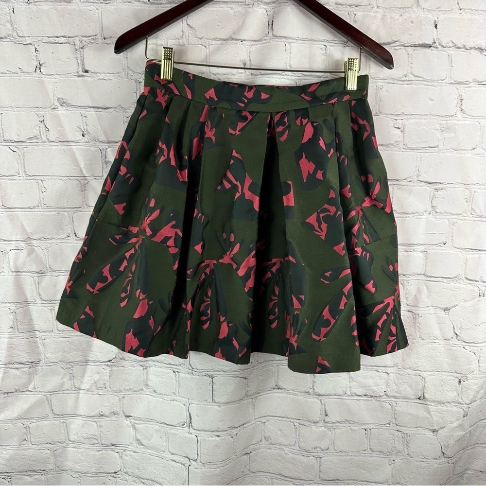 Banana Republic petite jigsaw print olive Green Pink pleated short Skirt sz 6p